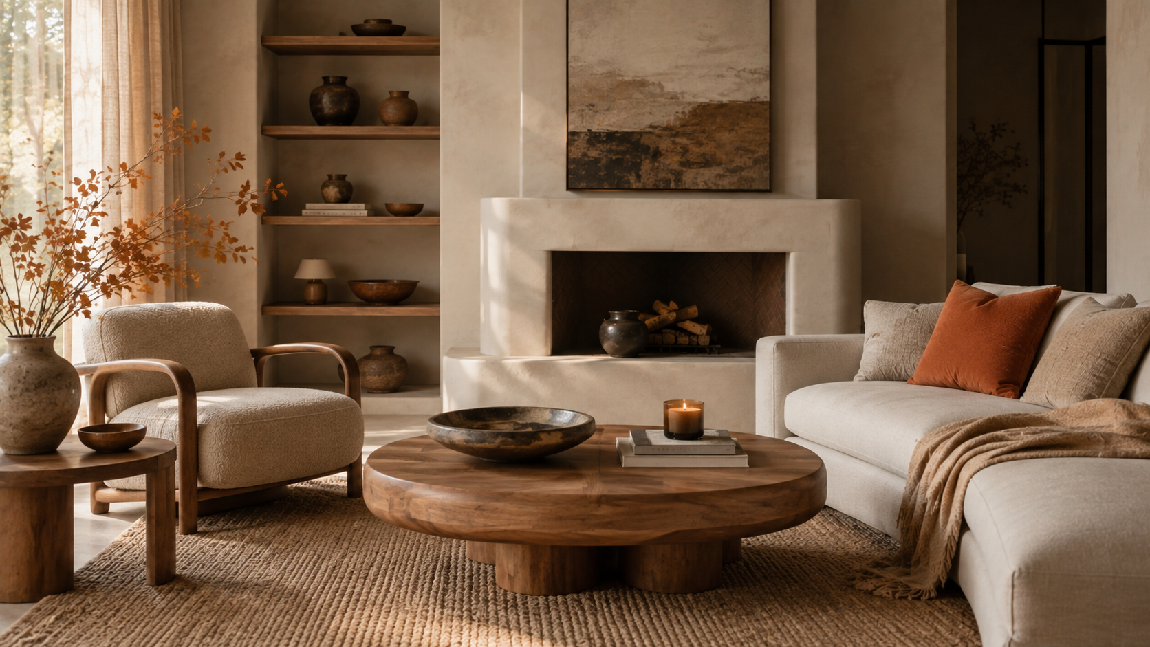 Organic modern living room featuring natural wood, plaster walls, linen upholstery and subtle persimmon decor